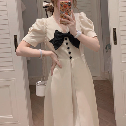 Midi V-Neck Dress With Buttons And Chest Bow (Short Sleeves Or Sleeveless!)