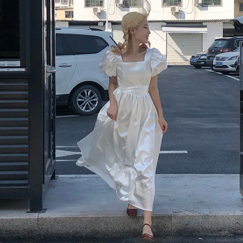 Maxi Dress With Puff Sleeves And Waistband