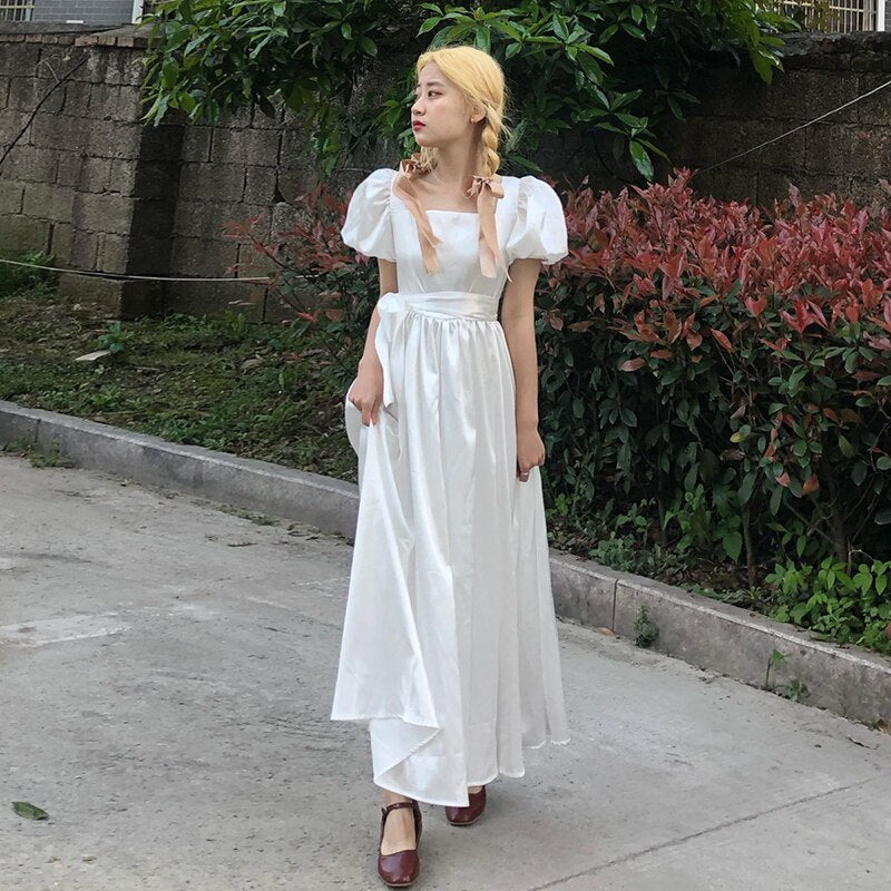 Maxi Dress With Puff Sleeves And Waistband