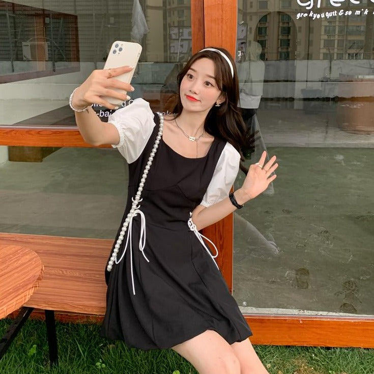 A-Line Dress With Puff Sleeves And Laced-Up Sides