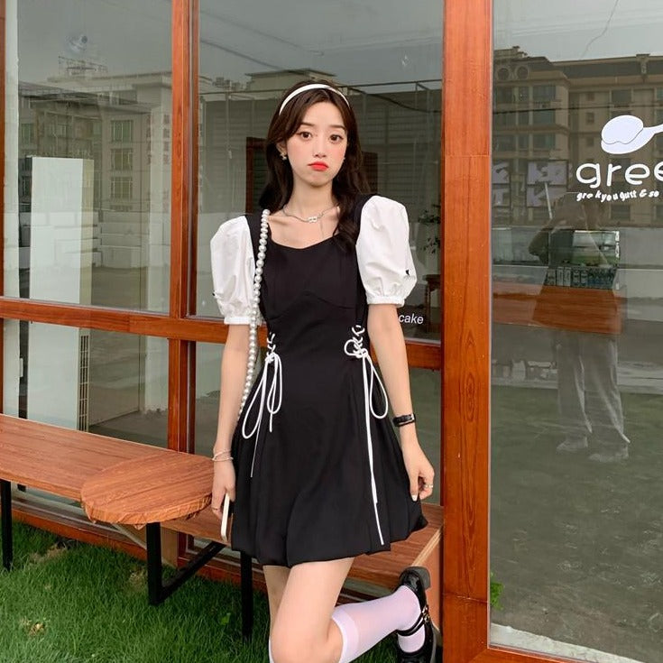 A-Line Dress With Puff Sleeves And Laced-Up Sides