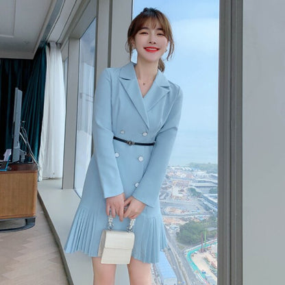 Double-Breasted Blazer Dress With Pleated Hem
