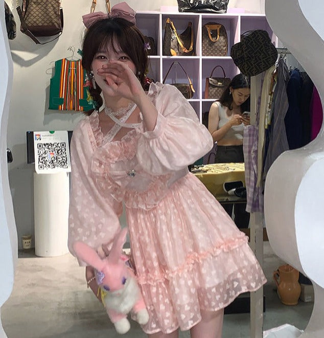 Longsleeved Dress With Ruffles And Heart Pattern