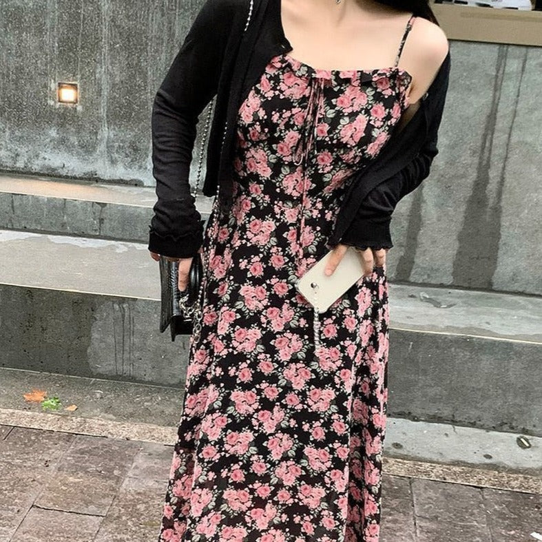 Outfit-Set: Floral Dress + Button-Down Cardigan