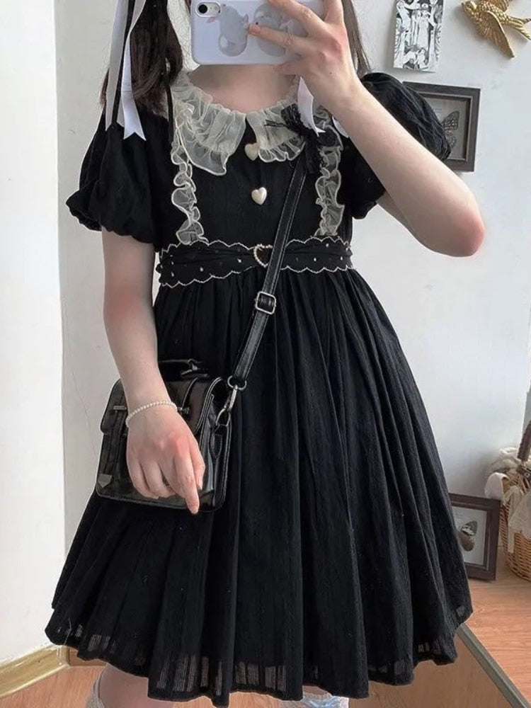 Pleated Dress With Lace Details And Puff Sleeves