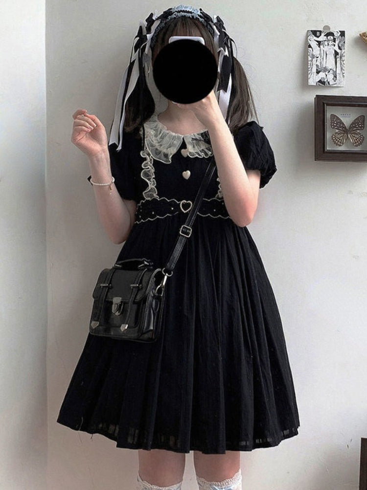 Pleated Dress With Lace Details And Puff Sleeves